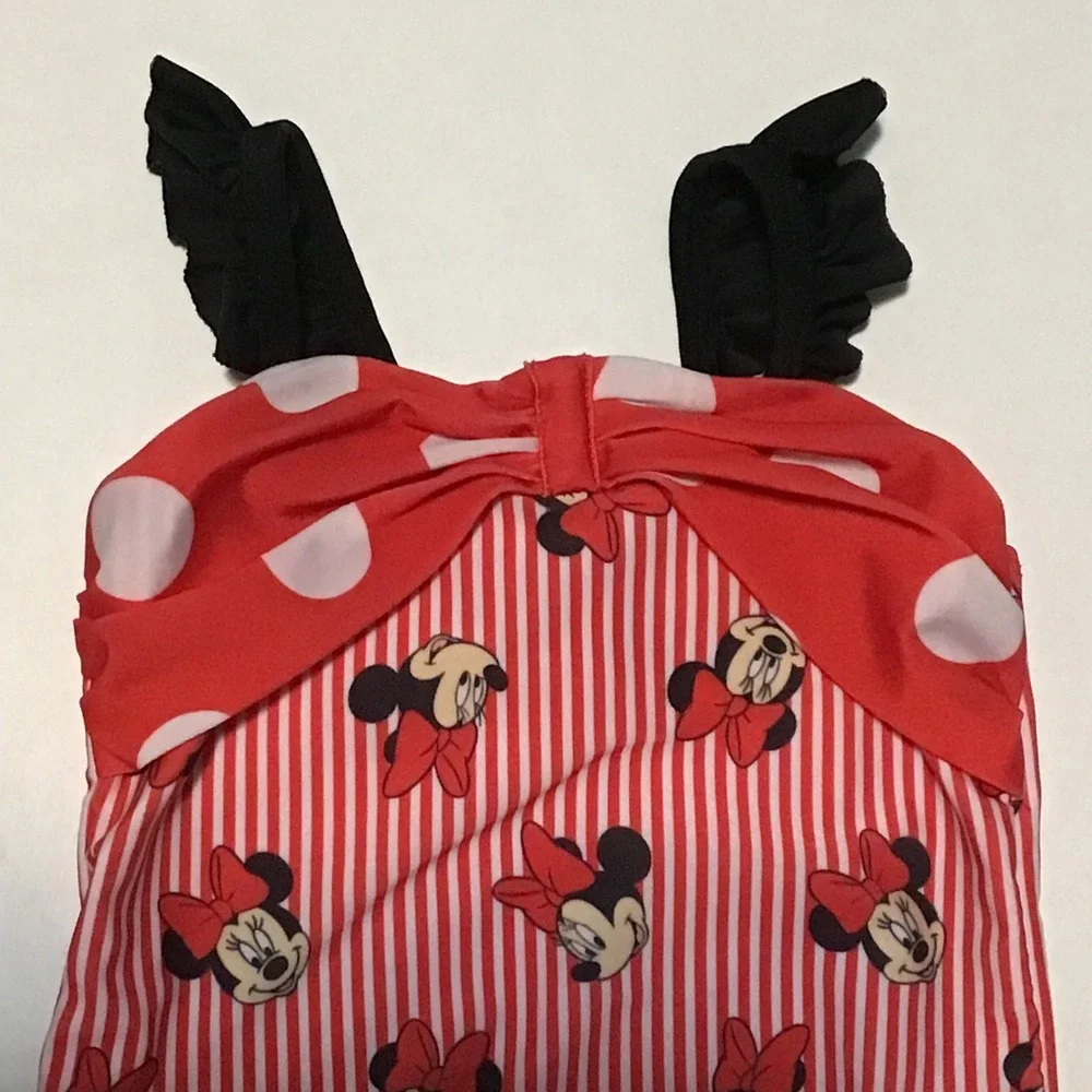 Disney Junior Minnie Mouse Red White Striped Polka Dot Ruffle Swimsuit 2T